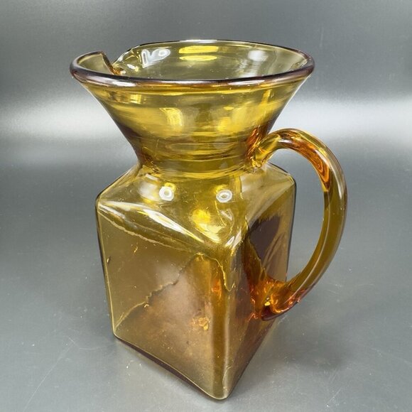 Mid Century Hand Blown Art Glass Pitcher Jug Carafe Amber With Handle Hand Made - Picture 9 of 12